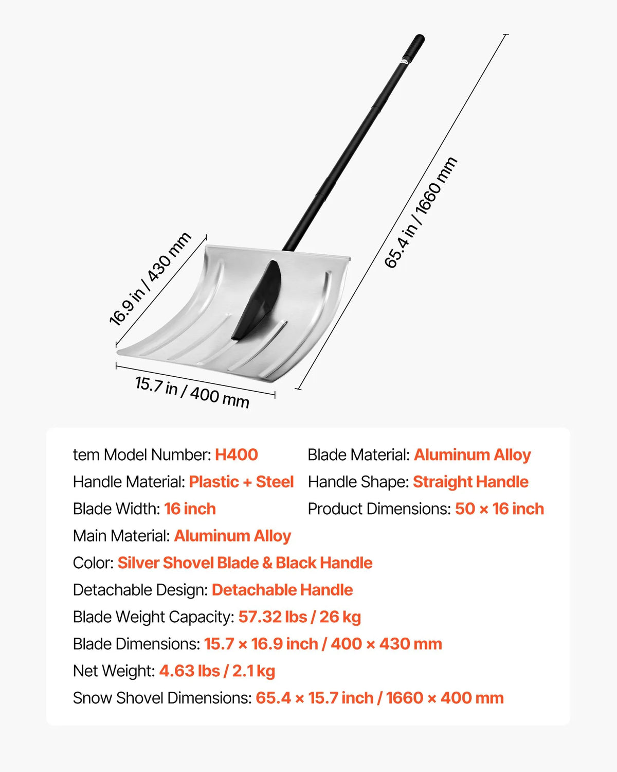 VEVOR Snow Shovel for Pathways, 40 cm Wide Aluminium Shovel with Non-Slip Handle, Large Capacity Lightweight Foldable Snow Clearing Tool for Garden, Car and Outdoor Work