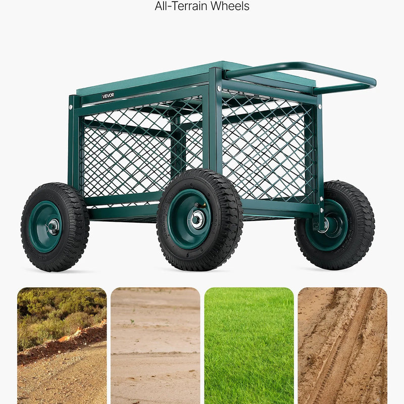 VEVOR dārza rati ar sēdekli, metāla ripojošs dārza darba sēdeklis ar riteņiem, kravnesība līdz 181 kg, pastiprinātas konstrukcijas dārza ratiņi ar sēdekli zālienam, terasei un pagalmam