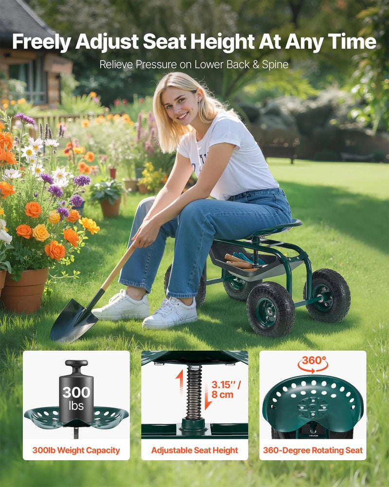 VEVOR Ritošais dārza ratiņkrēsls ar grozāmu sēdekli, dārza sēdeklis ar uzglabāšanas grozu un instrumentu paplāti, 136 kg nestspēja, āra dārza krēsls-skūteris ravēšanai un stādīšanai