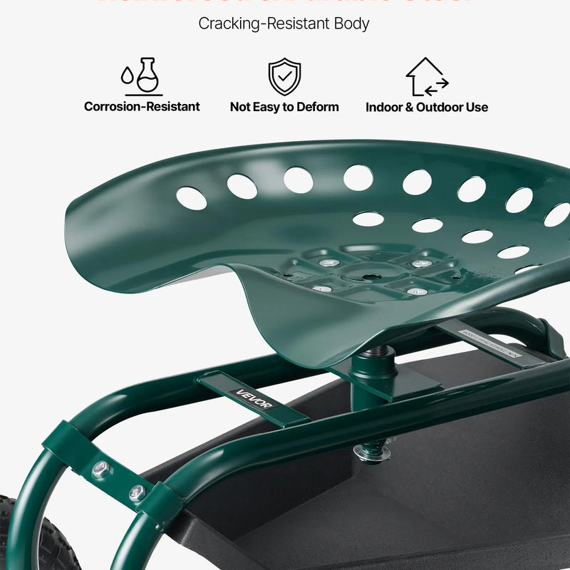 VEVOR Ritošais dārza ratiņkrēsls ar grozāmu sēdekli, dārza sēdeklis ar uzglabāšanas grozu un instrumentu paplāti, 136 kg nestspēja, āra dārza krēsls-skūteris ravēšanai un stādīšanai