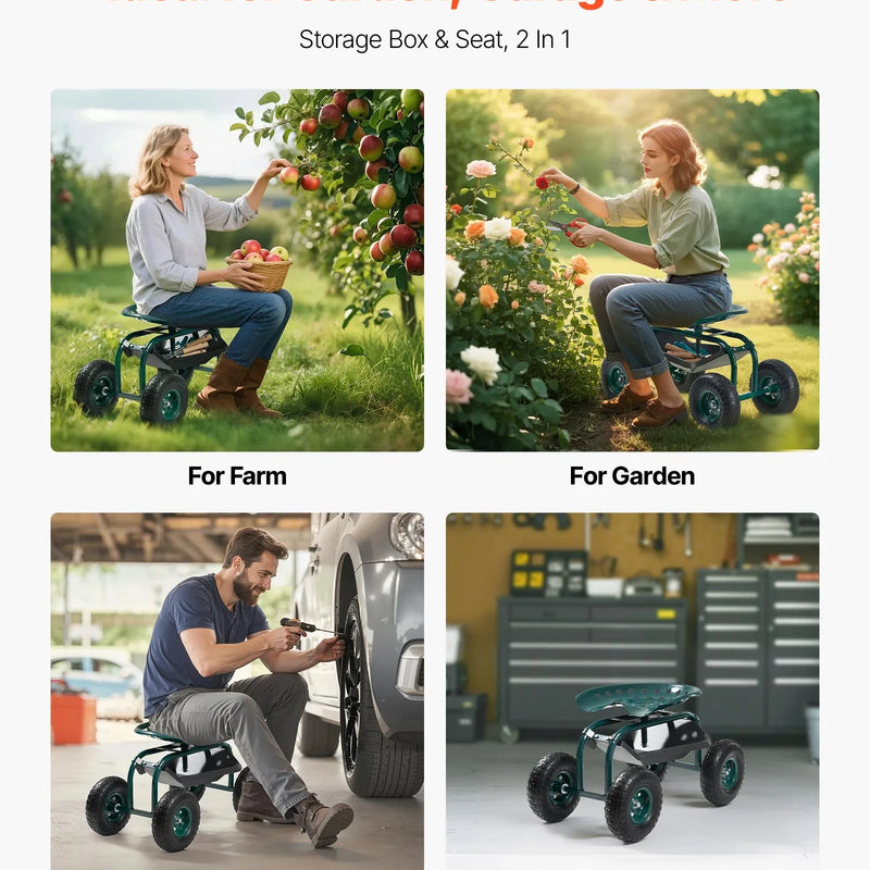 VEVOR Ritošais dārza ratiņkrēsls ar grozāmu sēdekli, dārza sēdeklis ar uzglabāšanas grozu un instrumentu paplāti, 136 kg nestspēja, āra dārza krēsls-skūteris ravēšanai un stādīšanai