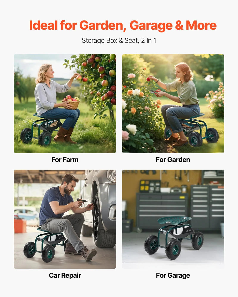 VEVOR Ritošais dārza ratiņkrēsls ar grozāmu sēdekli, dārza sēdeklis ar uzglabāšanas grozu un instrumentu paplāti, 136 kg nestspēja, āra dārza krēsls-skūteris ravēšanai un stādīšanai