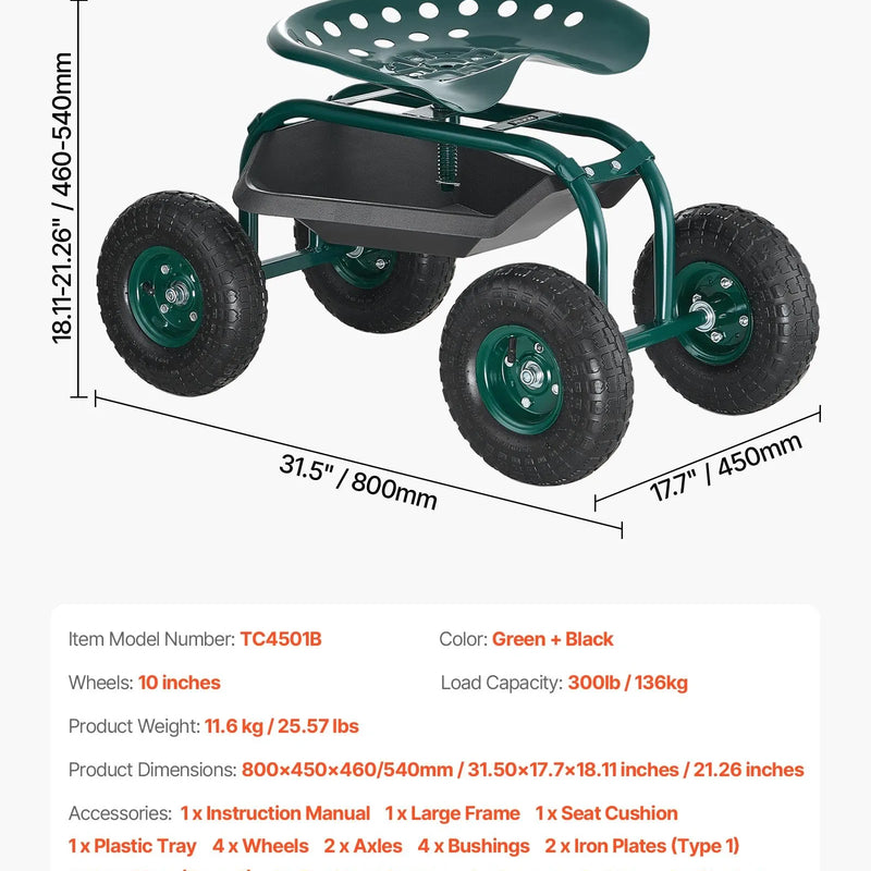 VEVOR Ritošais dārza ratiņkrēsls ar grozāmu sēdekli, dārza sēdeklis ar uzglabāšanas grozu un instrumentu paplāti, 136 kg nestspēja, āra dārza krēsls-skūteris ravēšanai un stādīšanai