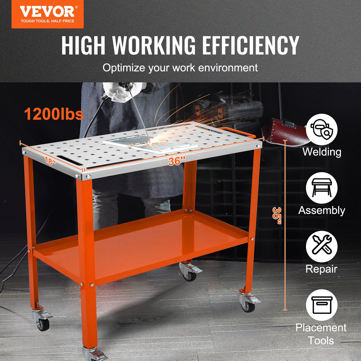 VEVOR Welding Table 91 × 46 cm, 544 kg, 2 Tiers, with Locking Wheels, 16 mm Holes
