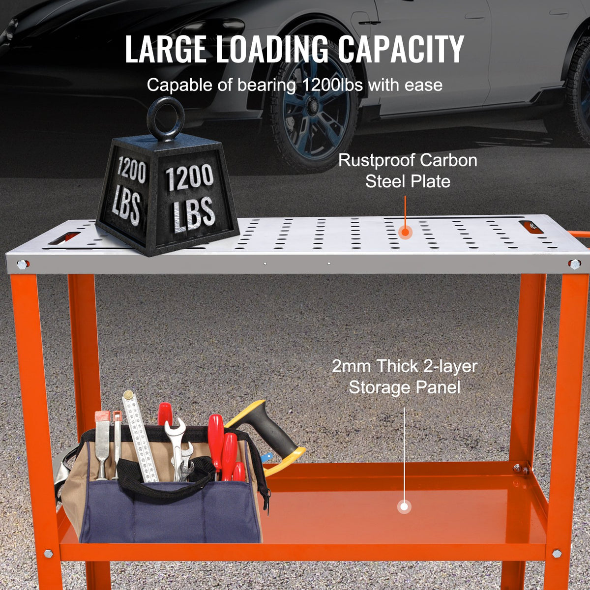 VEVOR Welding Table 91 × 46 cm, 544 kg, 2 Tiers, with Locking Wheels, 16 mm Holes