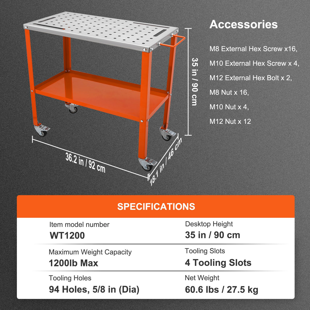 VEVOR Welding Table 91 × 46 cm, 544 kg, 2 Tiers, with Locking Wheels, 16 mm Holes