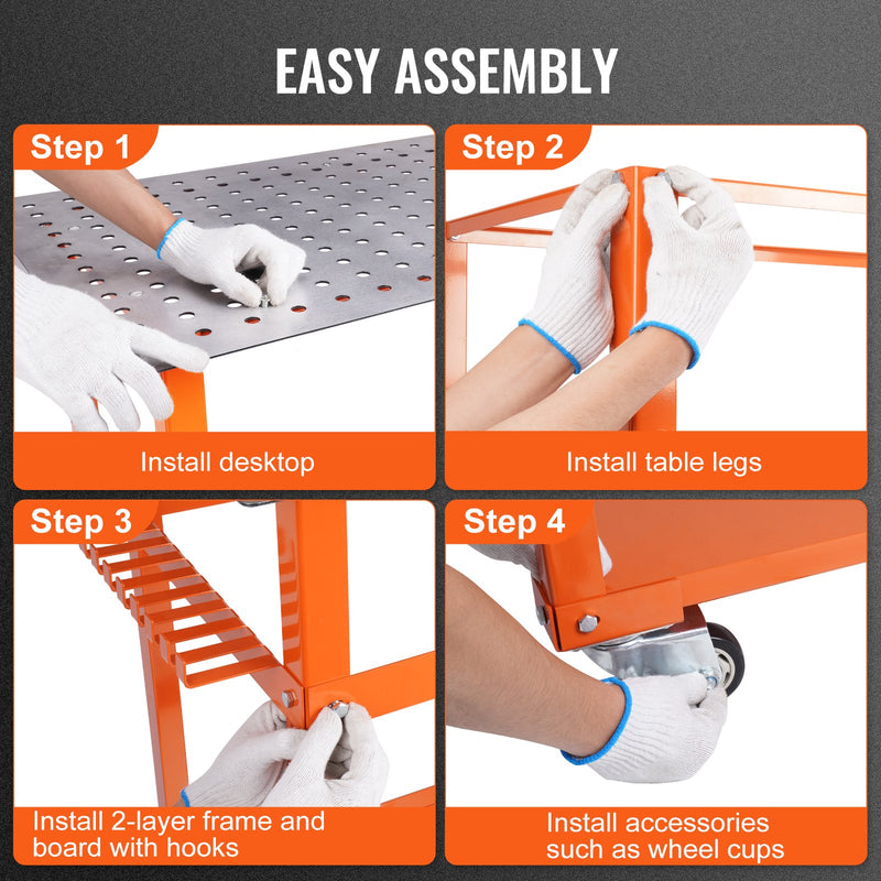 VEVOR metināšanas galds 91,4 × 61 cm ar 272 kg nestspēju, tērauda darbagalds uz riteņiem ar divslāņu uzglabāšanas plauktu, 16 mm fiksācijas atverēm un 11 āķiem, pārnēsājams un piemērots metināšanas darbiem