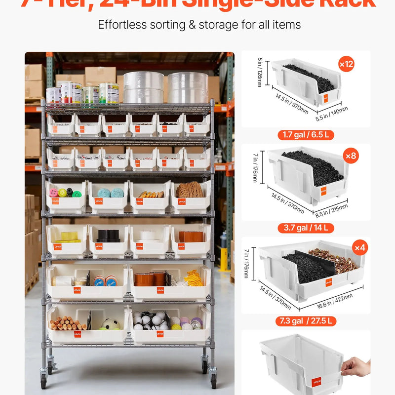 VEVOR 7 līmeņu pārvietojams uzglabāšanas statīvs ar kastēm, 24 organizatora kastes, tērauda stiepļu plauktu sistēma ar riteņiem, mobilais instrumentu un piederumu organizators garāžai, noliktavai, birojam, restorānam, klasei un virtuvei