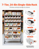 VEVOR 7 līmeņu pārvietojams uzglabāšanas statīvs ar kastēm, 24 organizatora kastes, tērauda stiepļu plauktu sistēma ar riteņiem, mobilais instrumentu un piederumu organizators garāžai, noliktavai, birojam, restorānam, klasei un virtuvei