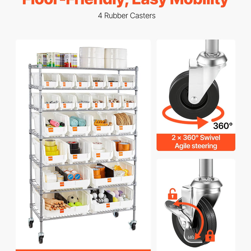 VEVOR 7 līmeņu pārvietojams uzglabāšanas statīvs ar kastēm, 24 organizatora kastes, tērauda stiepļu plauktu sistēma ar riteņiem, mobilais instrumentu un piederumu organizators garāžai, noliktavai, birojam, restorānam, klasei un virtuvei