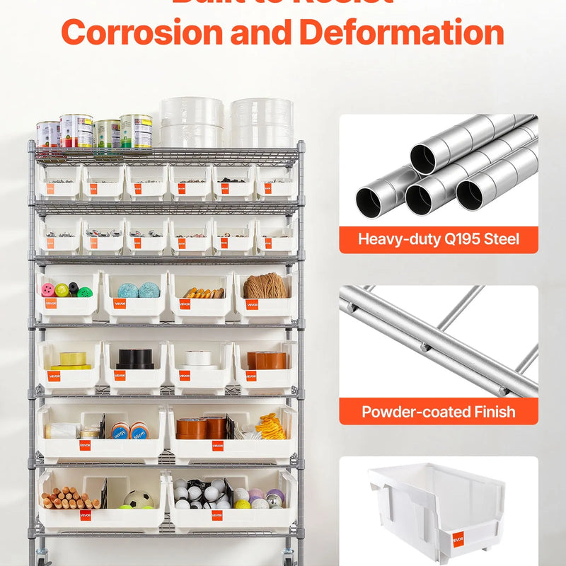VEVOR 7 līmeņu pārvietojams uzglabāšanas statīvs ar kastēm, 24 organizatora kastes, tērauda stiepļu plauktu sistēma ar riteņiem, mobilais instrumentu un piederumu organizators garāžai, noliktavai, birojam, restorānam, klasei un virtuvei