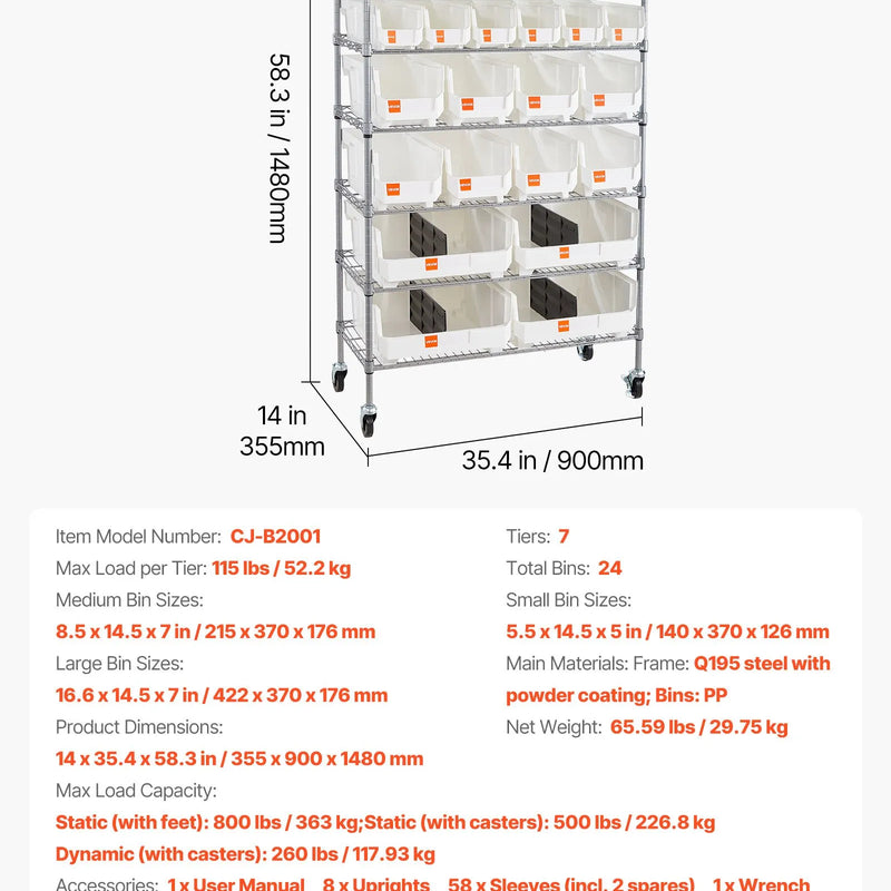 VEVOR 7 līmeņu pārvietojams uzglabāšanas statīvs ar kastēm, 24 organizatora kastes, tērauda stiepļu plauktu sistēma ar riteņiem, mobilais instrumentu un piederumu organizators garāžai, noliktavai, birojam, restorānam, klasei un virtuvei