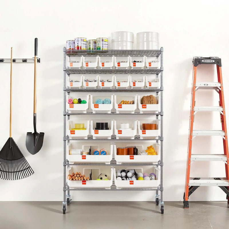 VEVOR 7 līmeņu pārvietojams uzglabāšanas statīvs ar kastēm, 24 organizatora kastes, tērauda stiepļu plauktu sistēma ar riteņiem, mobilais instrumentu un piederumu organizators garāžai, noliktavai, birojam, restorānam, klasei un virtuvei