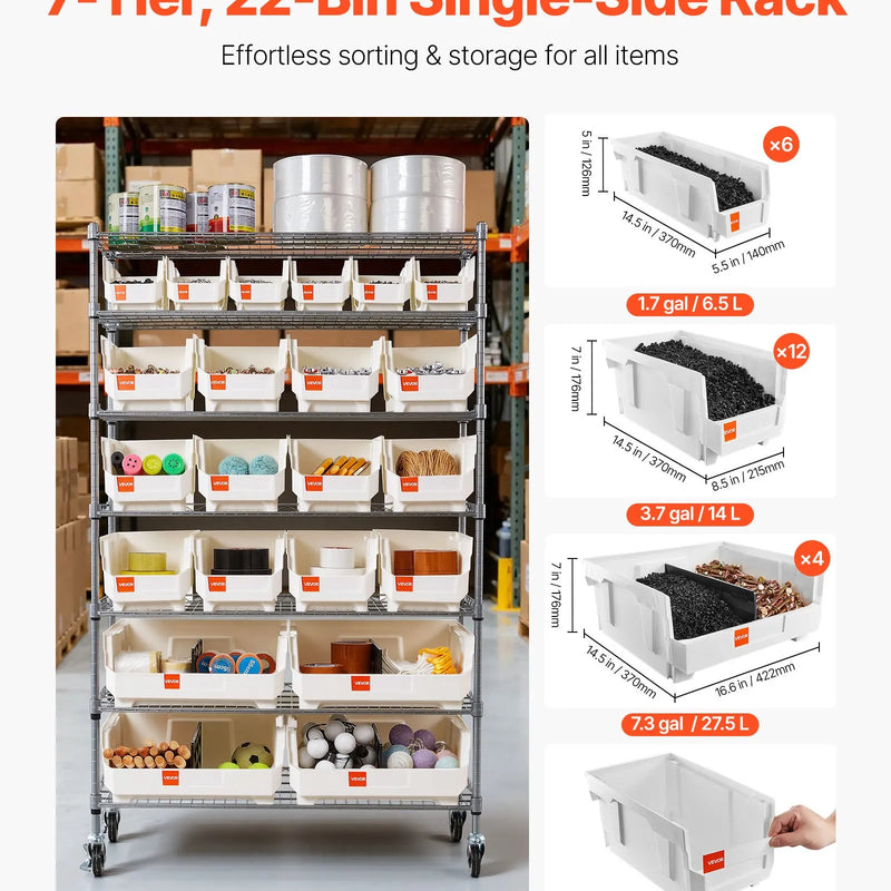 VEVOR 7 līmeņu pārvietojams uzglabāšanas statīvs ar kastēm, 22 organizatora kastes, tērauda stiepļu plauktu sistēma ar riteņiem, mobilais instrumentu un piederumu organizators garāžai, noliktavai, birojam, restorānam, klasei un virtuvei