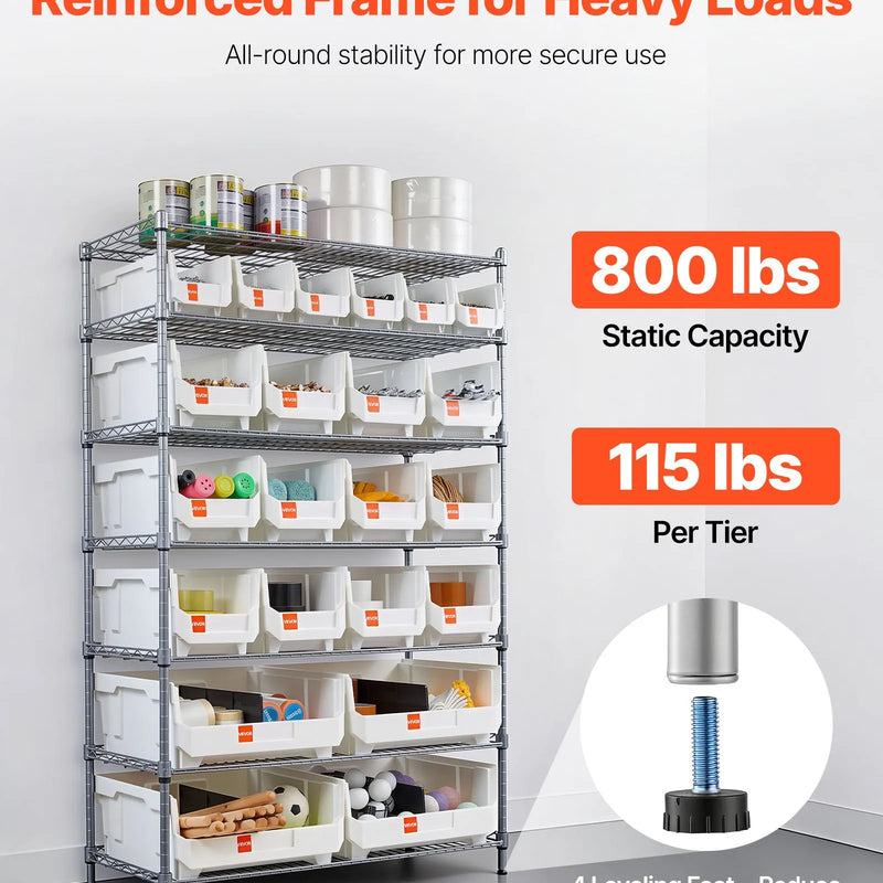 VEVOR 7 līmeņu pārvietojams uzglabāšanas statīvs ar kastēm, 22 organizatora kastes, tērauda stiepļu plauktu sistēma ar riteņiem, mobilais instrumentu un piederumu organizators garāžai, noliktavai, birojam, restorānam, klasei un virtuvei