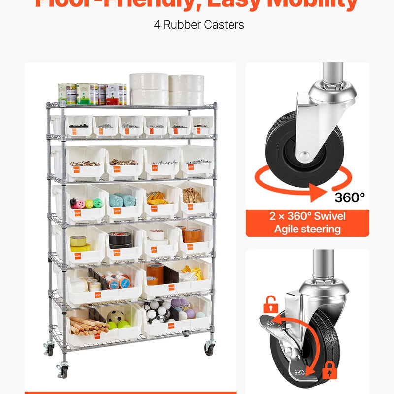 VEVOR 7 līmeņu pārvietojams uzglabāšanas statīvs ar kastēm, 22 organizatora kastes, tērauda stiepļu plauktu sistēma ar riteņiem, mobilais instrumentu un piederumu organizators garāžai, noliktavai, birojam, restorānam, klasei un virtuvei