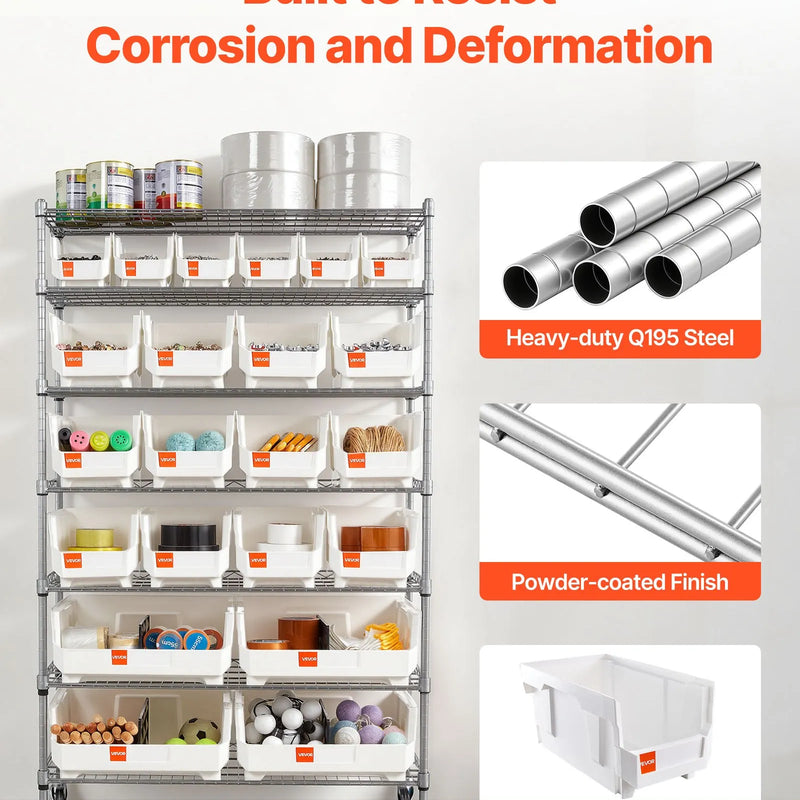 VEVOR 7 līmeņu pārvietojams uzglabāšanas statīvs ar kastēm, 22 organizatora kastes, tērauda stiepļu plauktu sistēma ar riteņiem, mobilais instrumentu un piederumu organizators garāžai, noliktavai, birojam, restorānam, klasei un virtuvei