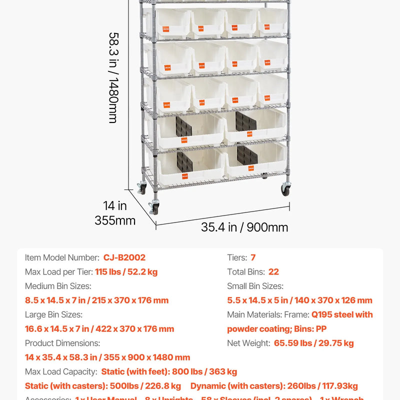 VEVOR 7 līmeņu pārvietojams uzglabāšanas statīvs ar kastēm, 22 organizatora kastes, tērauda stiepļu plauktu sistēma ar riteņiem, mobilais instrumentu un piederumu organizators garāžai, noliktavai, birojam, restorānam, klasei un virtuvei