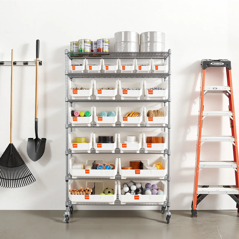 VEVOR 7 līmeņu pārvietojams uzglabāšanas statīvs ar kastēm, 22 organizatora kastes, tērauda stiepļu plauktu sistēma ar riteņiem, mobilais instrumentu un piederumu organizators garāžai, noliktavai, birojam, restorānam, klasei un virtuvei