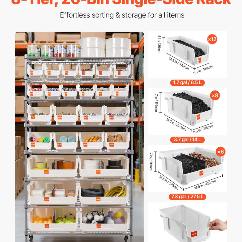 VEVOR 8 līmeņu pārvietojams uzglabāšanas statīvs ar kastēm, 26 organizatora kastes, tērauda stiepļu plauktu sistēma ar riteņiem, mobilais instrumentu un piederumu organizators garāžai, noliktavai, birojam, restorānam, klasei un virtuvei