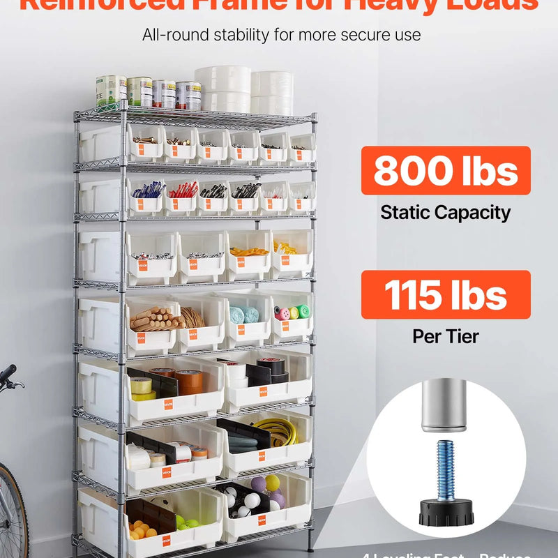 VEVOR 8 līmeņu pārvietojams uzglabāšanas statīvs ar kastēm, 26 organizatora kastes, tērauda stiepļu plauktu sistēma ar riteņiem, mobilais instrumentu un piederumu organizators garāžai, noliktavai, birojam, restorānam, klasei un virtuvei