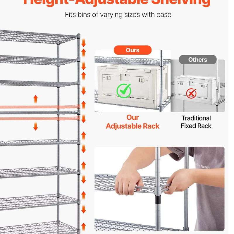 VEVOR 8 līmeņu pārvietojams uzglabāšanas statīvs ar kastēm, 26 organizatora kastes, tērauda stiepļu plauktu sistēma ar riteņiem, mobilais instrumentu un piederumu organizators garāžai, noliktavai, birojam, restorānam, klasei un virtuvei