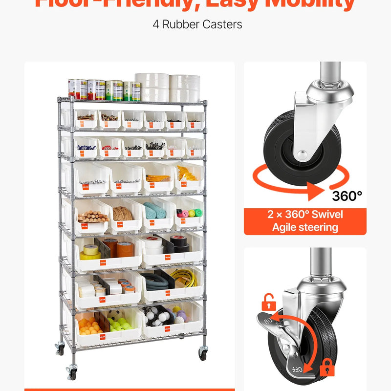 VEVOR 8 līmeņu pārvietojams uzglabāšanas statīvs ar kastēm, 26 organizatora kastes, tērauda stiepļu plauktu sistēma ar riteņiem, mobilais instrumentu un piederumu organizators garāžai, noliktavai, birojam, restorānam, klasei un virtuvei