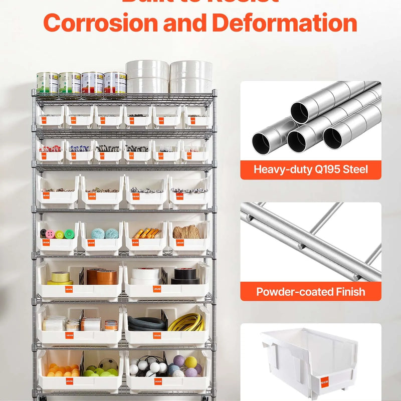 VEVOR 8 līmeņu pārvietojams uzglabāšanas statīvs ar kastēm, 26 organizatora kastes, tērauda stiepļu plauktu sistēma ar riteņiem, mobilais instrumentu un piederumu organizators garāžai, noliktavai, birojam, restorānam, klasei un virtuvei