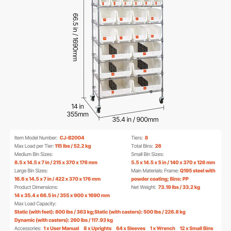 VEVOR 8 līmeņu pārvietojams uzglabāšanas statīvs ar kastēm, 26 organizatora kastes, tērauda stiepļu plauktu sistēma ar riteņiem, mobilais instrumentu un piederumu organizators garāžai, noliktavai, birojam, restorānam, klasei un virtuvei