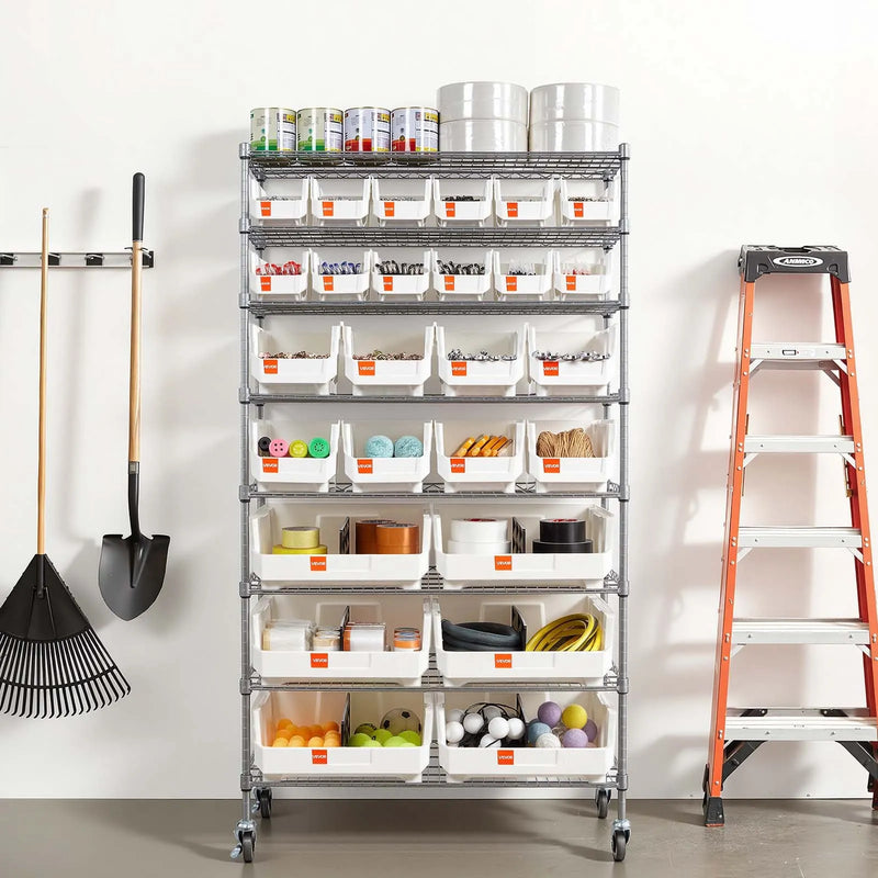 VEVOR 8 līmeņu pārvietojams uzglabāšanas statīvs ar kastēm, 26 organizatora kastes, tērauda stiepļu plauktu sistēma ar riteņiem, mobilais instrumentu un piederumu organizators garāžai, noliktavai, birojam, restorānam, klasei un virtuvei