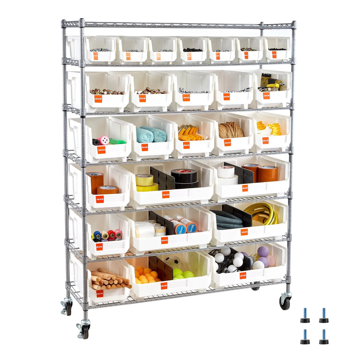 VEVOR 7-Tier Mobile Storage Rack with Boxes, 26 Organiser Boxes, Steel Wire Shelf System with Wheels, Mobile Tool and Accessory Organiser for Garage, Warehouse, Office, Restaurant, Classroom and Kitchen