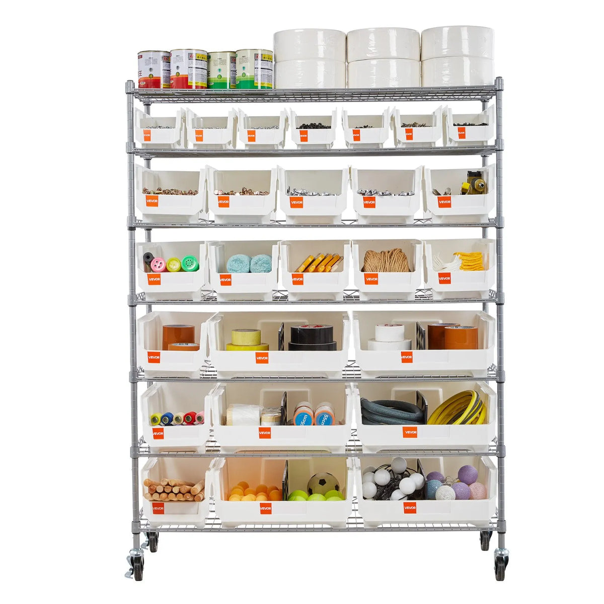 VEVOR 7-Tier Mobile Storage Rack with Boxes, 26 Organiser Boxes, Steel Wire Shelf System with Wheels, Mobile Tool and Accessory Organiser for Garage, Warehouse, Office, Restaurant, Classroom and Kitchen
