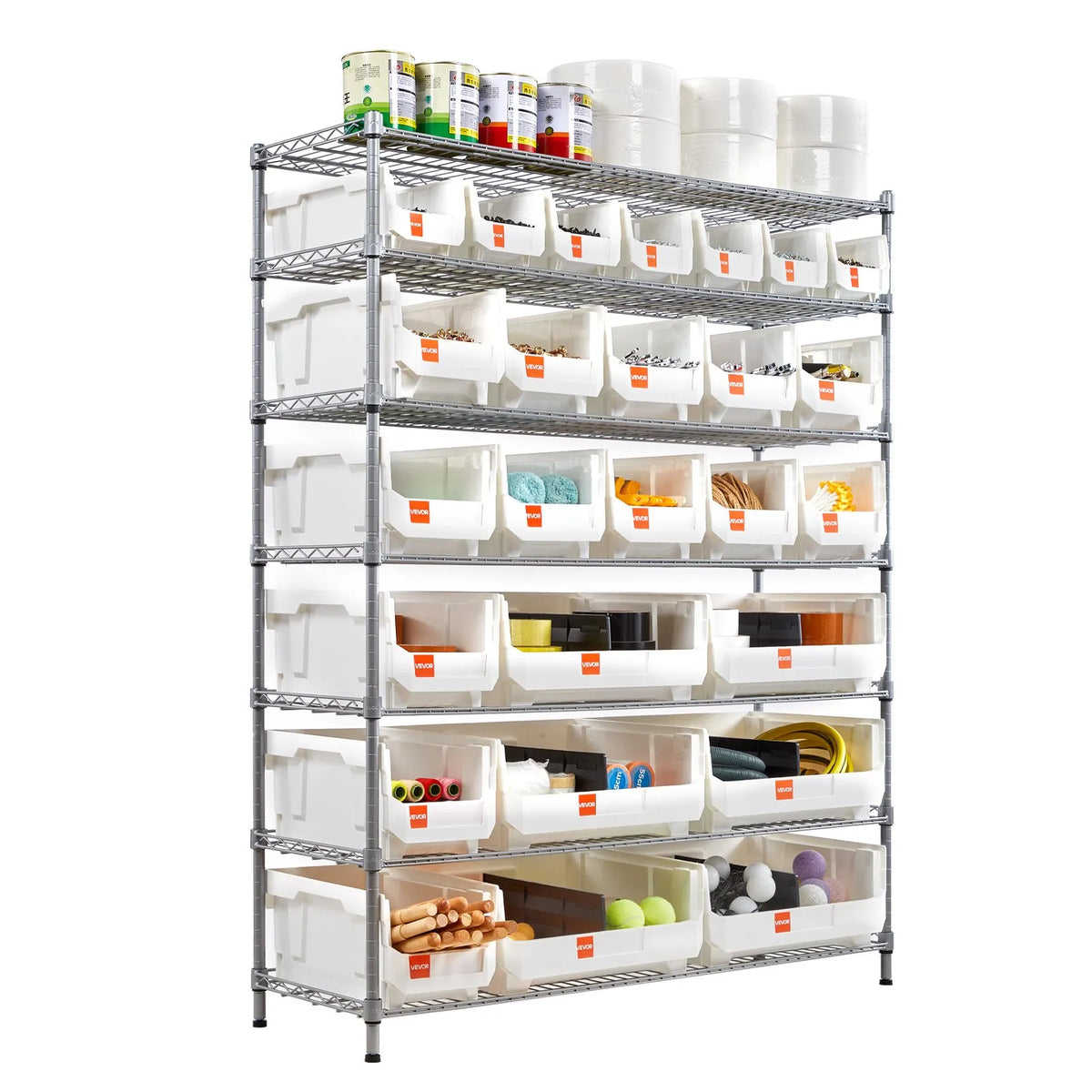 VEVOR 7-Tier Mobile Storage Rack with Boxes, 26 Organiser Boxes, Steel Wire Shelf System with Wheels, Mobile Tool and Accessory Organiser for Garage, Warehouse, Office, Restaurant, Classroom and Kitchen