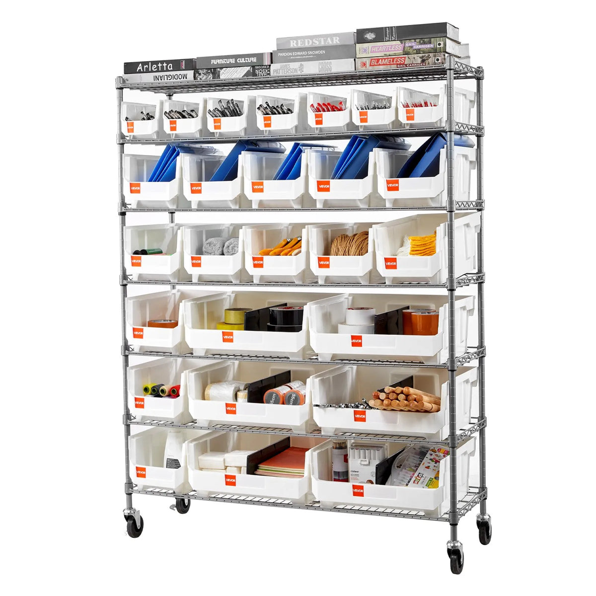VEVOR 7-Tier Mobile Storage Rack with Boxes, 26 Organiser Boxes, Steel Wire Shelf System with Wheels, Mobile Tool and Accessory Organiser for Garage, Warehouse, Office, Restaurant, Classroom and Kitchen