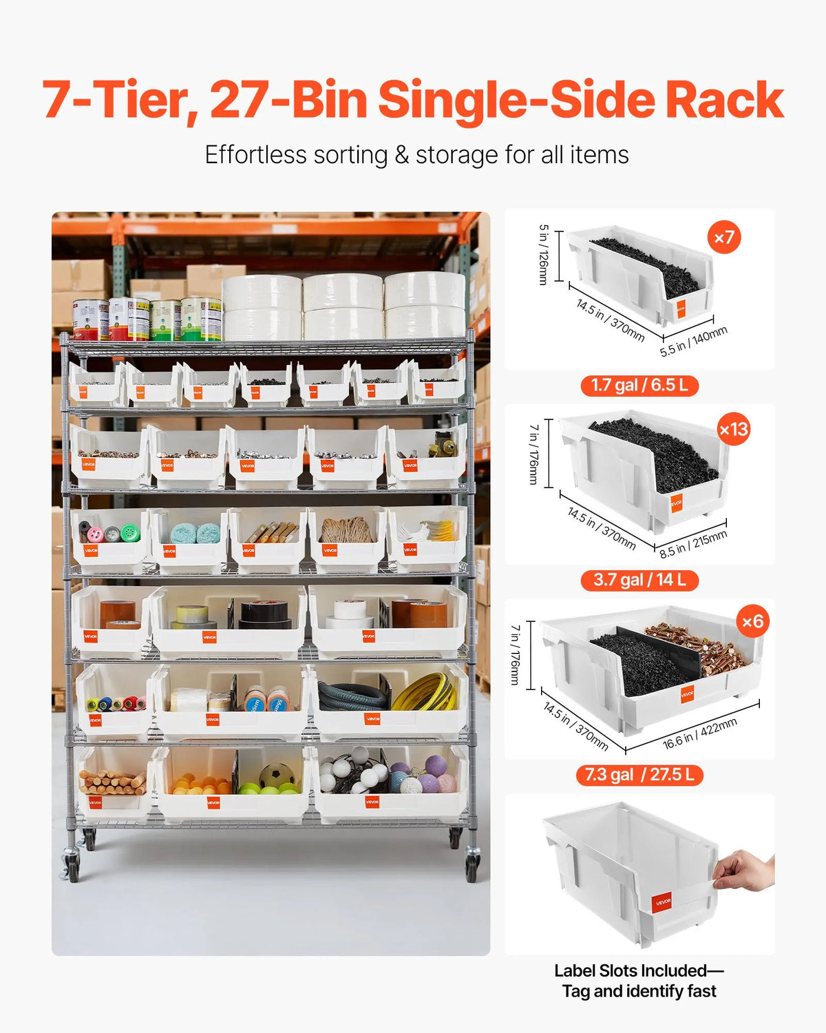 VEVOR 7-Tier Mobile Storage Rack with Boxes, 26 Organiser Boxes, Steel Wire Shelf System with Wheels, Mobile Tool and Accessory Organiser for Garage, Warehouse, Office, Restaurant, Classroom and Kitchen