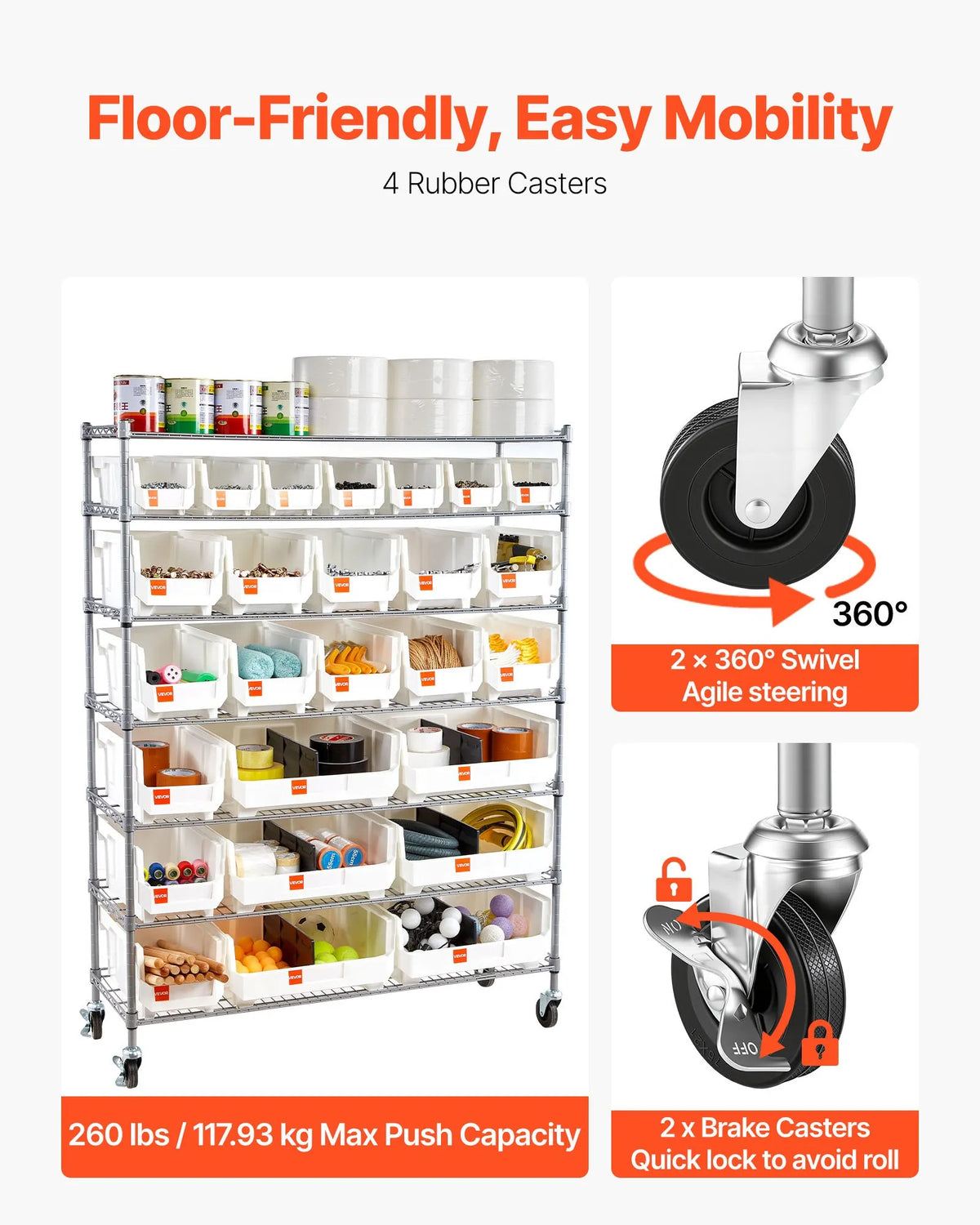 VEVOR 7-Tier Mobile Storage Rack with Boxes, 26 Organiser Boxes, Steel Wire Shelf System with Wheels, Mobile Tool and Accessory Organiser for Garage, Warehouse, Office, Restaurant, Classroom and Kitchen