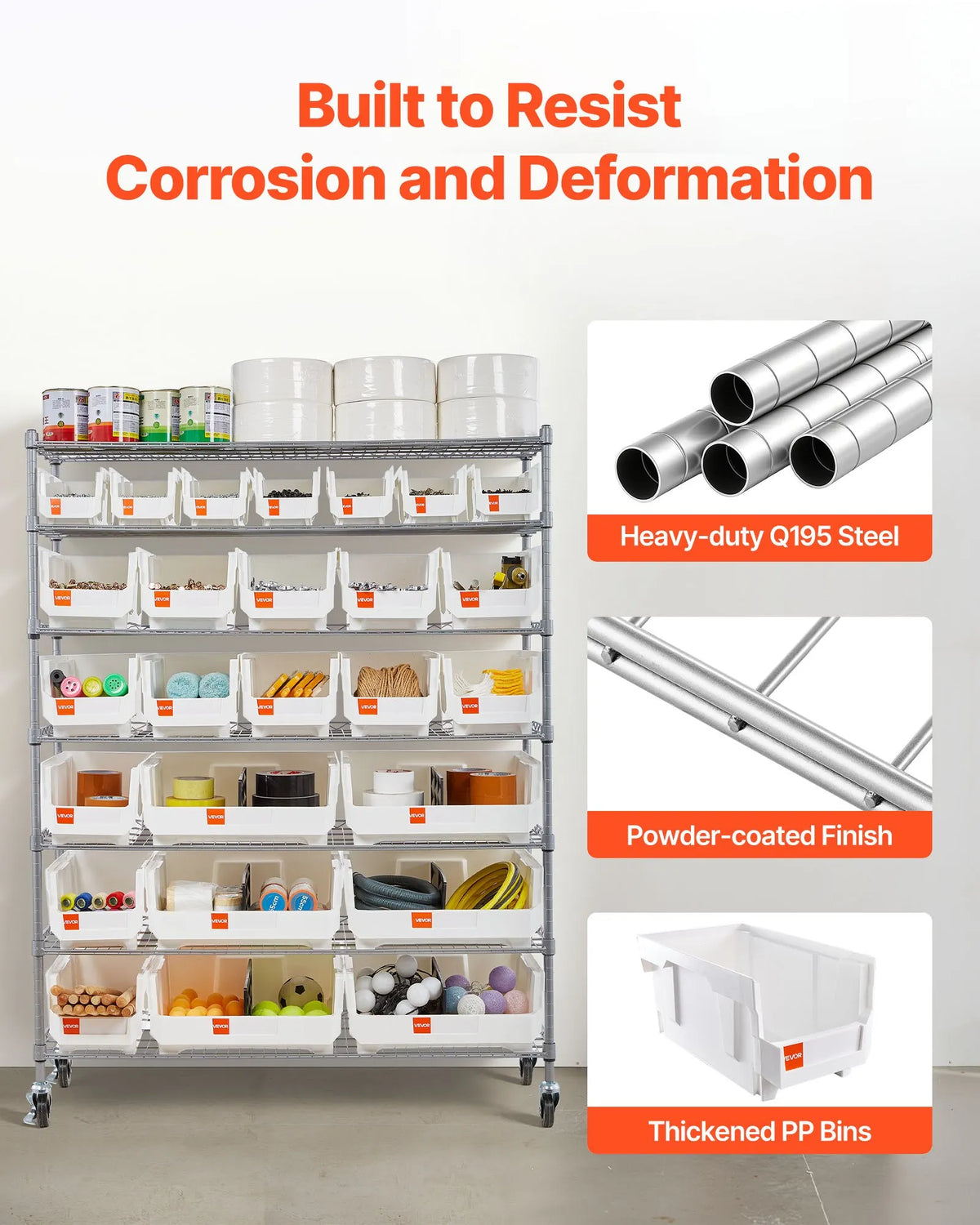 VEVOR 7-Tier Mobile Storage Rack with Boxes, 26 Organiser Boxes, Steel Wire Shelf System with Wheels, Mobile Tool and Accessory Organiser for Garage, Warehouse, Office, Restaurant, Classroom and Kitchen