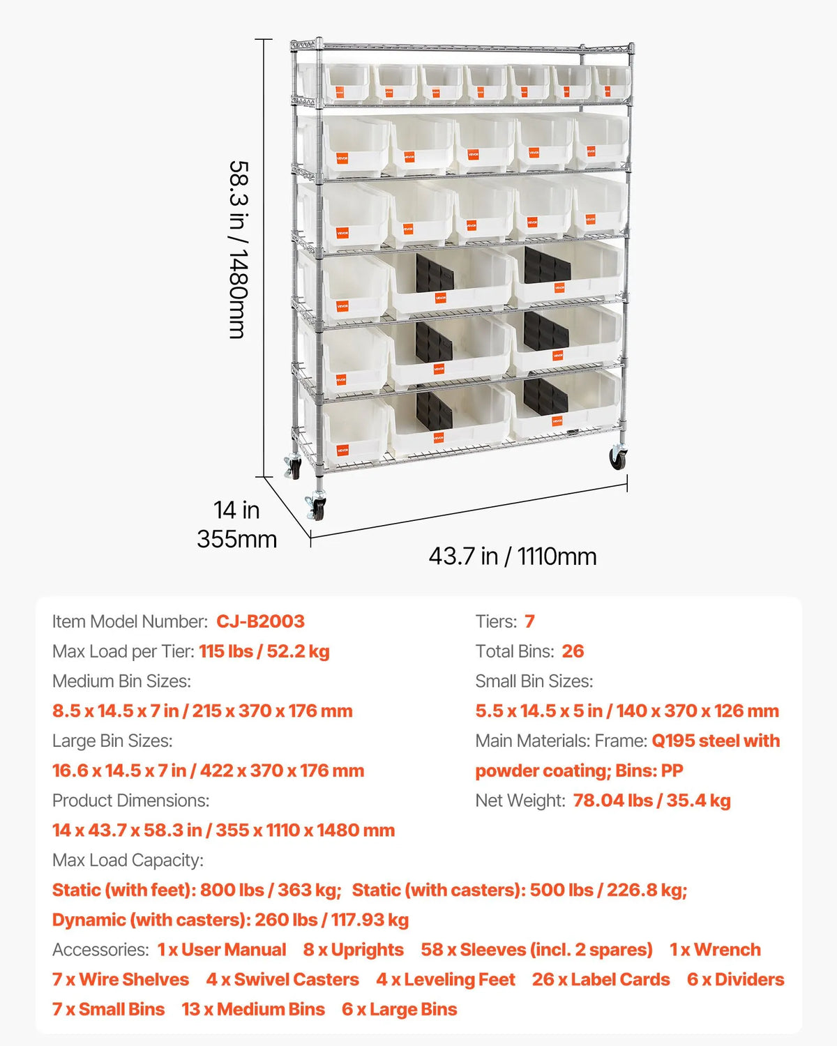 VEVOR 7-Tier Mobile Storage Rack with Boxes, 26 Organiser Boxes, Steel Wire Shelf System with Wheels, Mobile Tool and Accessory Organiser for Garage, Warehouse, Office, Restaurant, Classroom and Kitchen