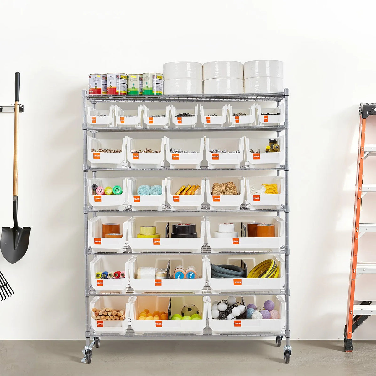 VEVOR 7-Tier Mobile Storage Rack with Boxes, 26 Organiser Boxes, Steel Wire Shelf System with Wheels, Mobile Tool and Accessory Organiser for Garage, Warehouse, Office, Restaurant, Classroom and Kitchen