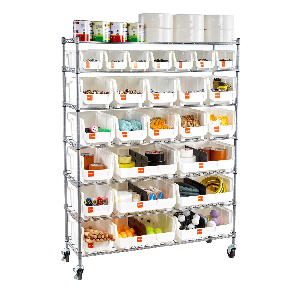 VEVOR 7-Tier Mobile Storage Rack with Boxes, 26 Organiser Boxes, Steel Wire Shelf System with Wheels, Mobile Tool and Accessory Organiser for Garage, Warehouse, Office, Restaurant, Classroom and Kitchen
