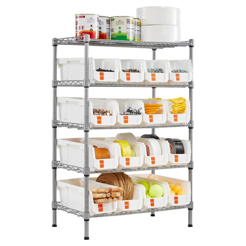 VEVOR 5 līmeņu pārvietojams uzglabāšanas statīvs ar konteineriem, 16 organizēšanas kastes, tērauda stiepļu plauktu sistēma ar riteņiem, mobilais instrumentu un piederumu organizators garāžai, noliktavai, birojam, restorānam, klasei un virtuvei