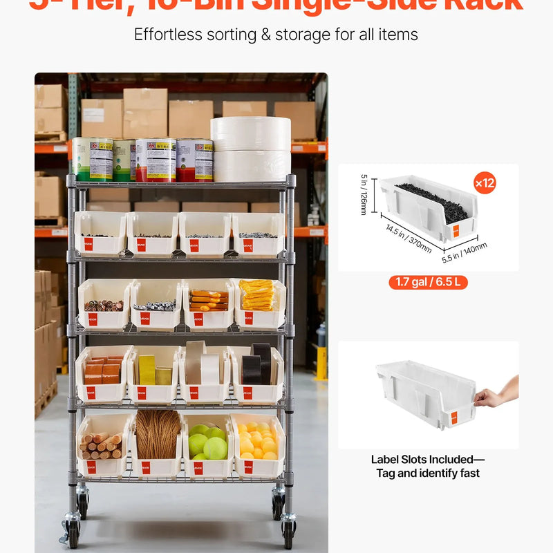 VEVOR 5 līmeņu pārvietojams uzglabāšanas statīvs ar konteineriem, 16 organizēšanas kastes, tērauda stiepļu plauktu sistēma ar riteņiem, mobilais instrumentu un piederumu organizators garāžai, noliktavai, birojam, restorānam, klasei un virtuvei