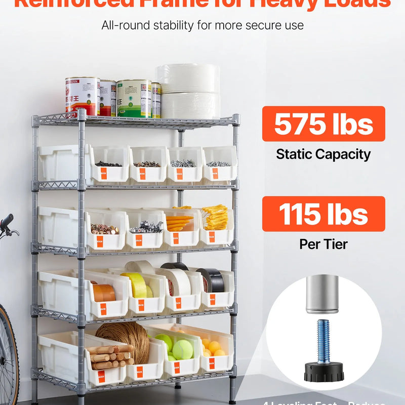 VEVOR 5 līmeņu pārvietojams uzglabāšanas statīvs ar konteineriem, 16 organizēšanas kastes, tērauda stiepļu plauktu sistēma ar riteņiem, mobilais instrumentu un piederumu organizators garāžai, noliktavai, birojam, restorānam, klasei un virtuvei