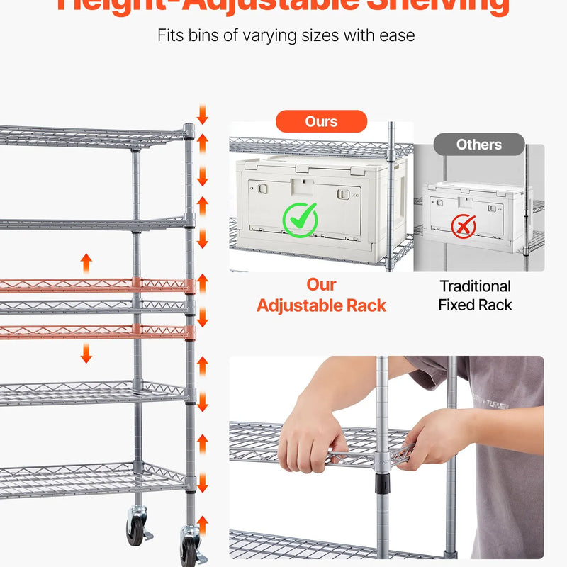 VEVOR 5 līmeņu pārvietojams uzglabāšanas statīvs ar konteineriem, 16 organizēšanas kastes, tērauda stiepļu plauktu sistēma ar riteņiem, mobilais instrumentu un piederumu organizators garāžai, noliktavai, birojam, restorānam, klasei un virtuvei