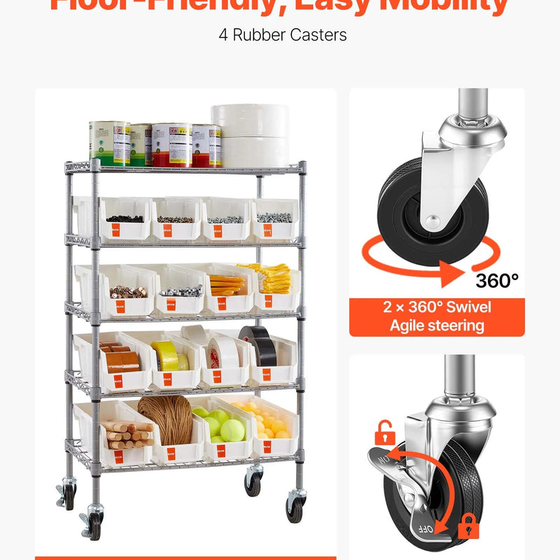 VEVOR 5 līmeņu pārvietojams uzglabāšanas statīvs ar konteineriem, 16 organizēšanas kastes, tērauda stiepļu plauktu sistēma ar riteņiem, mobilais instrumentu un piederumu organizators garāžai, noliktavai, birojam, restorānam, klasei un virtuvei