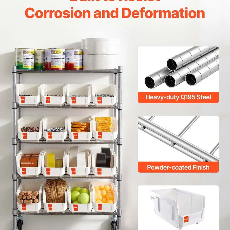 VEVOR 5 līmeņu pārvietojams uzglabāšanas statīvs ar konteineriem, 16 organizēšanas kastes, tērauda stiepļu plauktu sistēma ar riteņiem, mobilais instrumentu un piederumu organizators garāžai, noliktavai, birojam, restorānam, klasei un virtuvei
