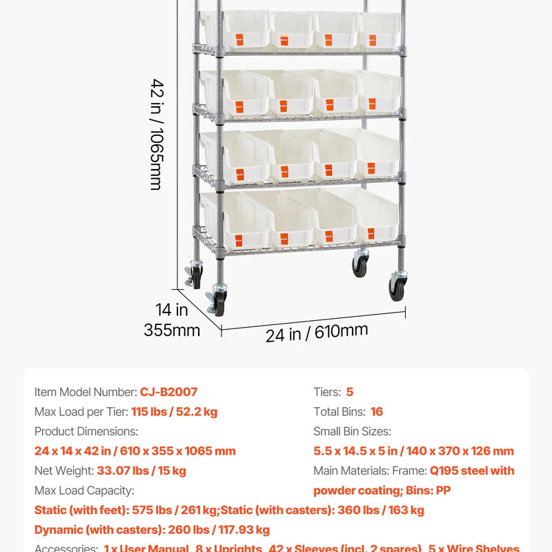 VEVOR 5 līmeņu pārvietojams uzglabāšanas statīvs ar konteineriem, 16 organizēšanas kastes, tērauda stiepļu plauktu sistēma ar riteņiem, mobilais instrumentu un piederumu organizators garāžai, noliktavai, birojam, restorānam, klasei un virtuvei