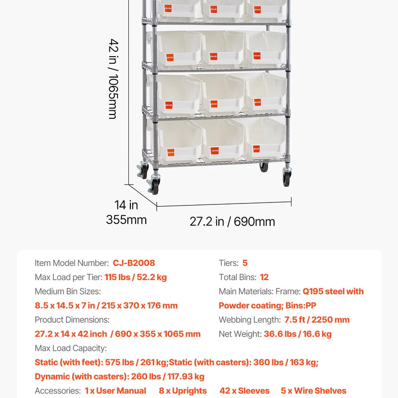VEVOR 5 līmeņu ratiņu plauktu sistēma ar 12 organizatoru kastēm, tērauda stiepļu plaukti ar ritenīšiem, mobilais rīku organizators garāžai, noliktavai, birojam, restorānam, klasei un virtuvei