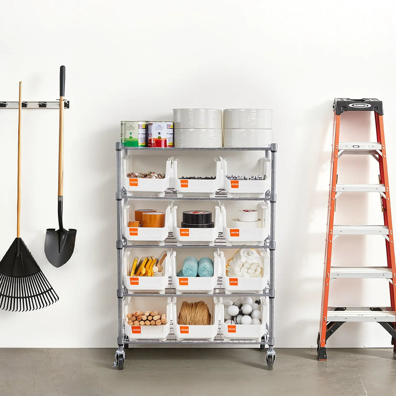 VEVOR 5 līmeņu ratiņu plauktu sistēma ar 12 organizatoru kastēm, tērauda stiepļu plaukti ar ritenīšiem, mobilais rīku organizators garāžai, noliktavai, birojam, restorānam, klasei un virtuvei