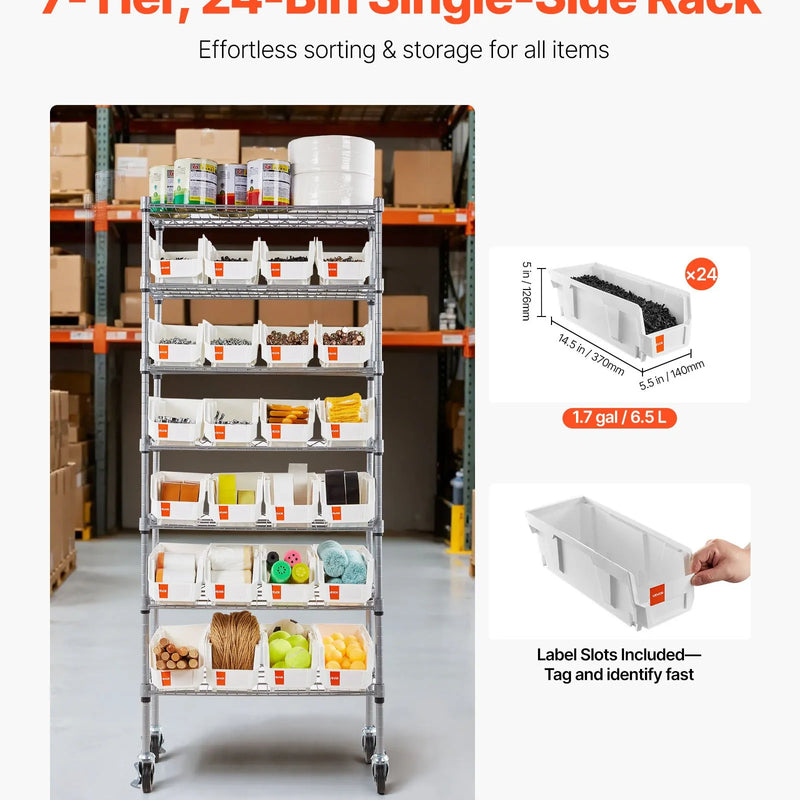 VEVOR 7 līmeņu pārvietojams uzglabāšanas statīvs ar konteineriem, 24 mazas kastes, tērauda stiepļu plauktu sistēma ar riteņiem, mobilais instrumentu un piederumu organizators garāžai, noliktavai, birojam, restorānam, klasei un virtuvei